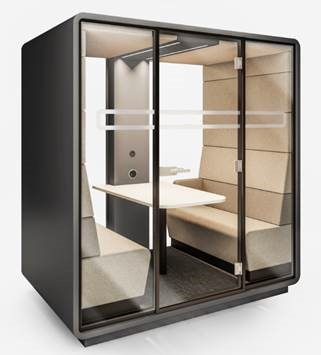 Hushoffice Meet 4 Persons Pod in Wool Pelikan and Silver - Clear Back Glass and Cosmos Grey Case