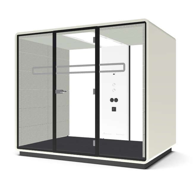 hushoffice Meet.L Pod (2 Modules), White case, White middle column, Clear glass, Pelikan wool lumbar support and armrest, Flame Retardant Foam