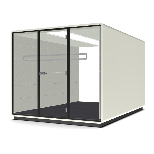 hushoffice Meet.L Pod (4 Modules), White case, White middle column, Clear glass, Pelikan wool, Flame retardant foam, Anodized Aluminium hinges/handles