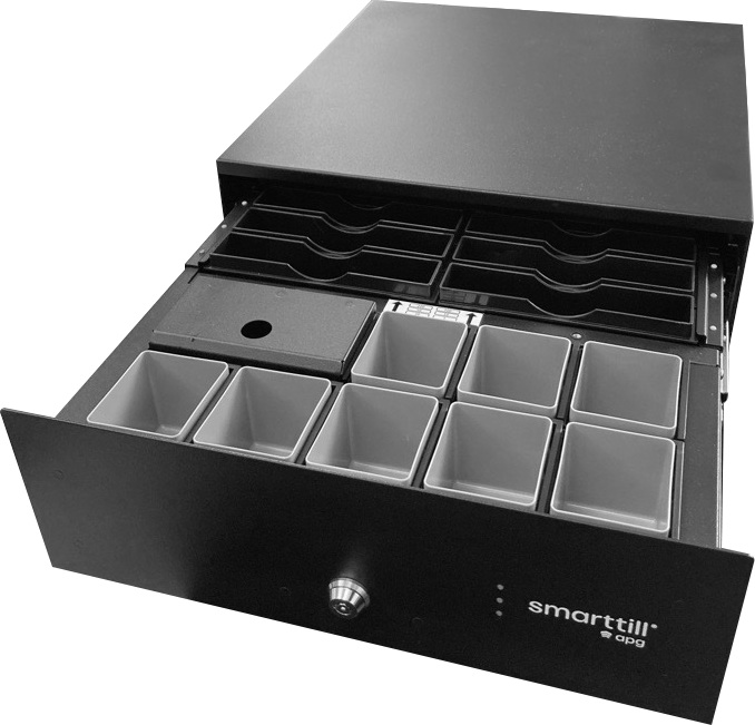 SMARTtill Slide Out Cash Drawer, 8 Coin / 6 Note Compartments, Fixing on the Counter: Top Down Fixing Plate, 12V 40V at 6 Watts, Random Key