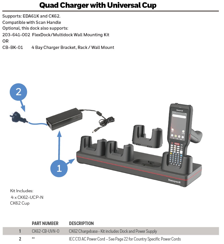 HONEYWELL MULTIDOCK KIT CHARGE 4-BAY CK62 N/BOOT