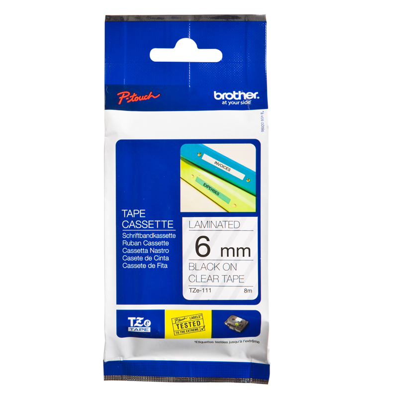BROTHER TZE TAPE 6MM BLACK ON CLEAR